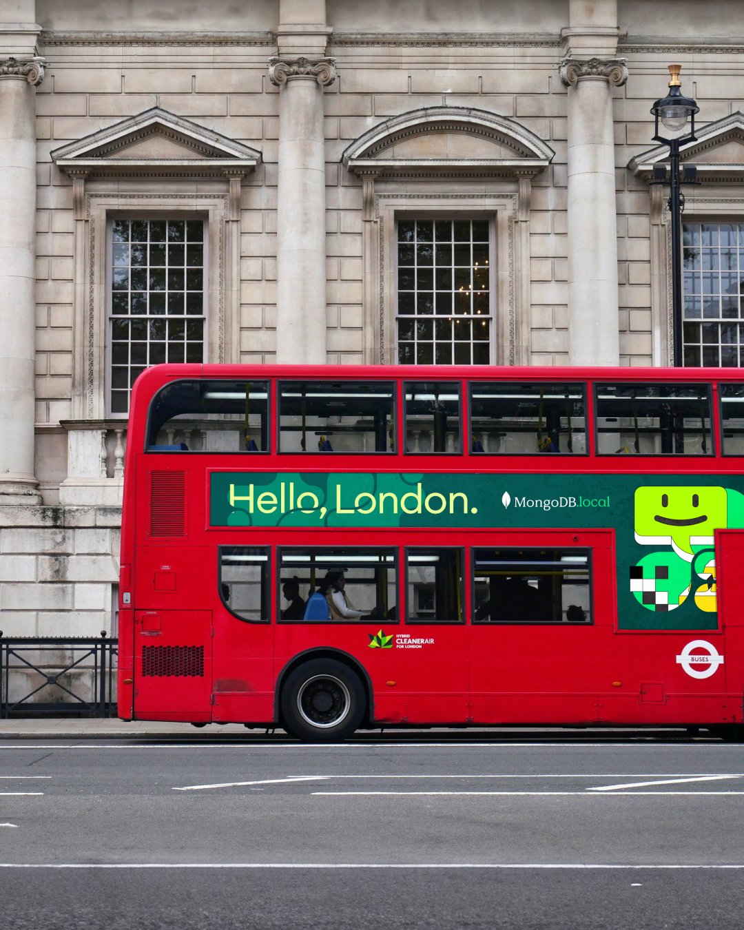 MongoDB bus wrap on a London double-decker.