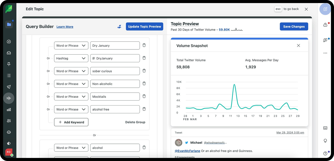 Screenshot of the interface of a social listening platform.