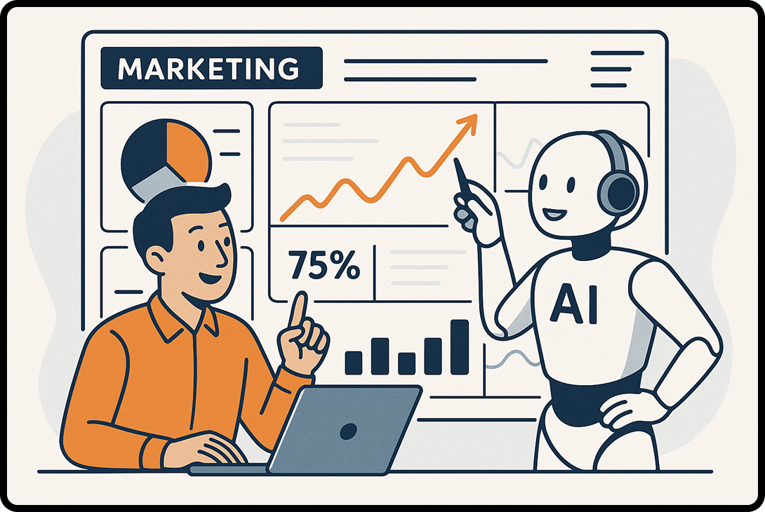 A person and a robot (representing AI) working together on analytics.