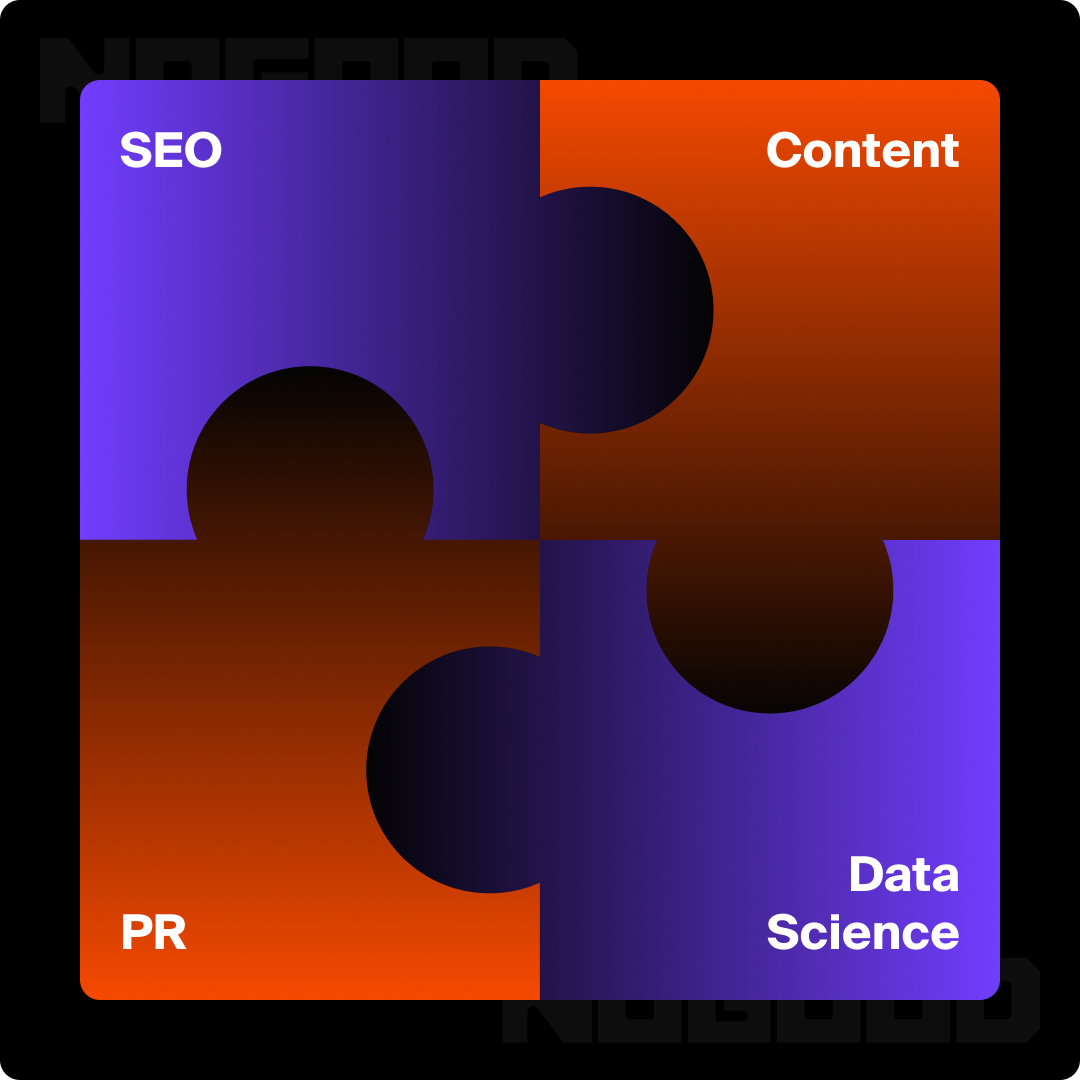 Puzzle graphic showing the interconnectedness of SEO, content, PR, and data science.