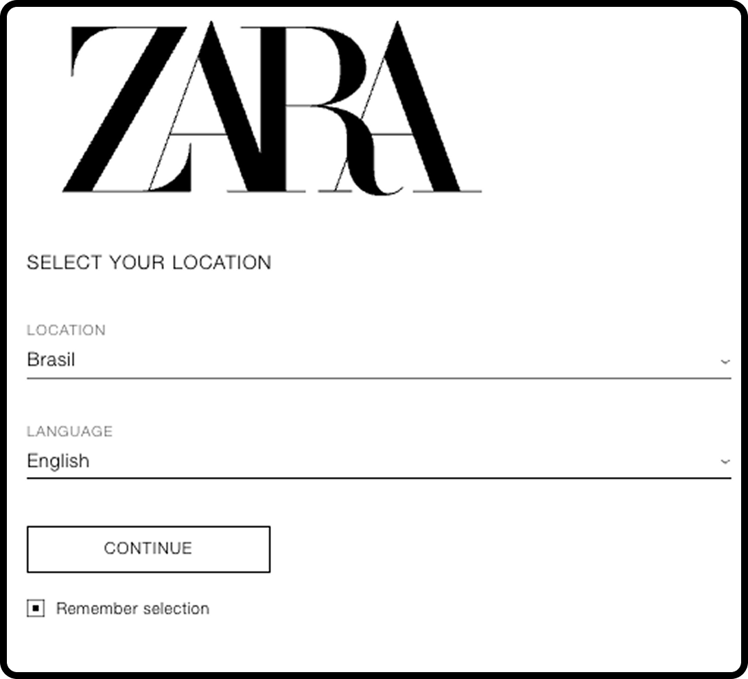 Zara website with international eCommerce functionality.
