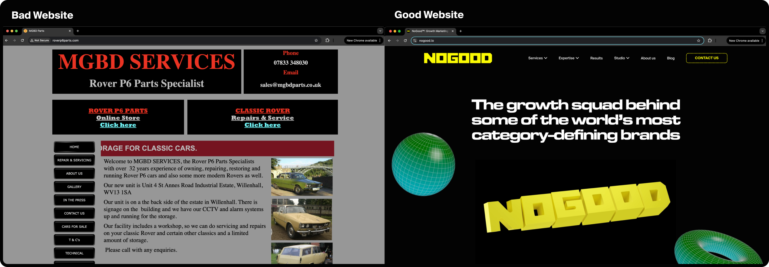 Example of a good website vs. a bad website.