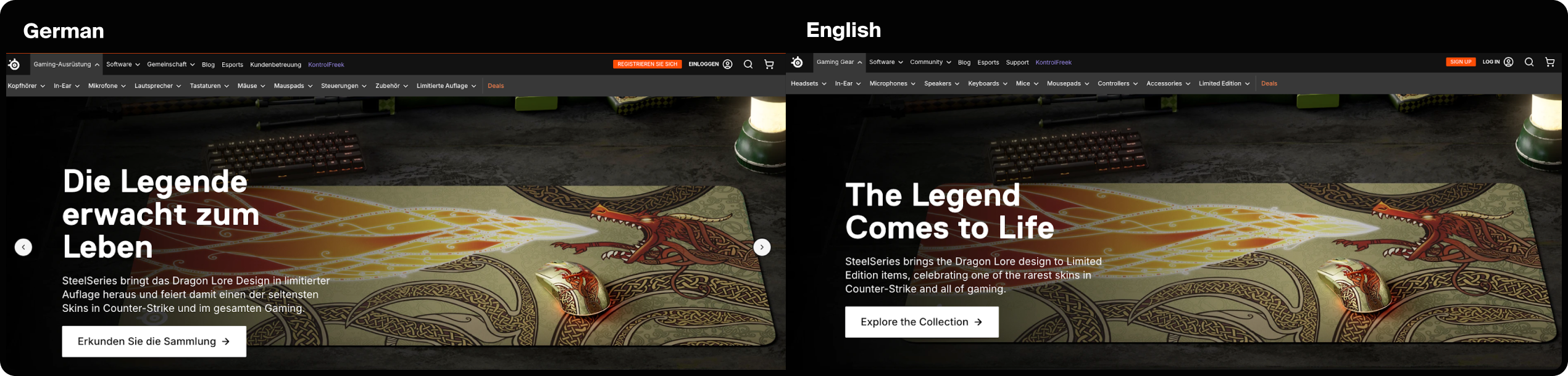 SteelSeries website in German and in English side by side.