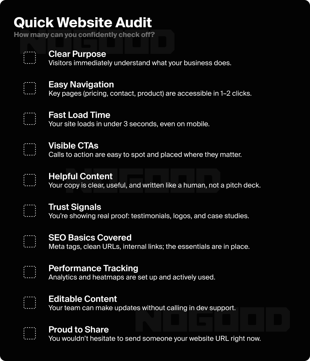 Graphic showing a quick website audit to determine if your website is good.