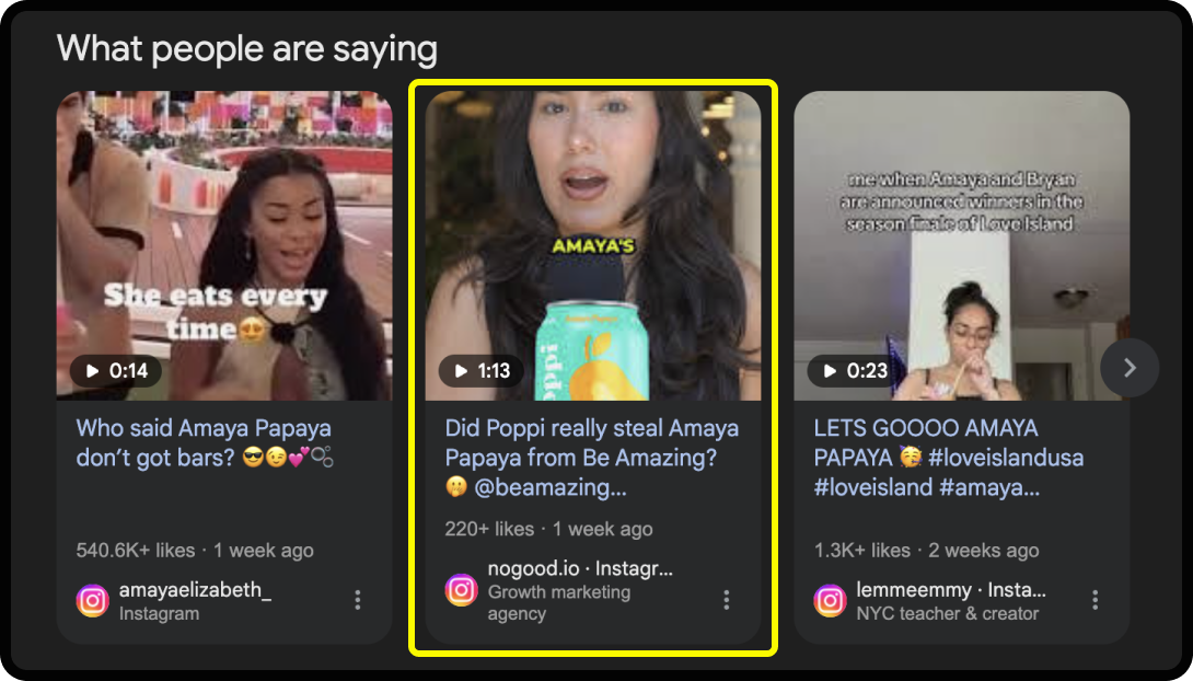 Instagram posts and videos showing up in Google.