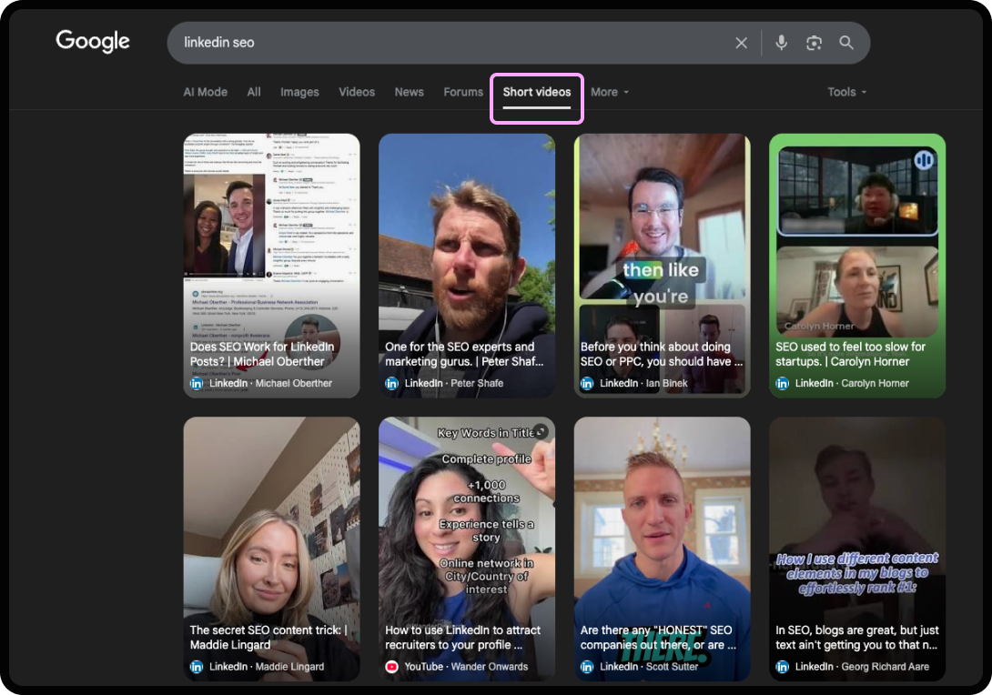 The Short Videos tab in Google Search, where LinkedIn content can appear.