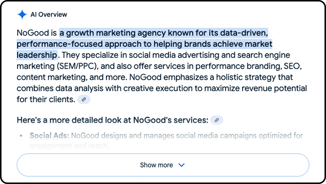 AI Overview showing information about NoGood, a growth marketing agency.