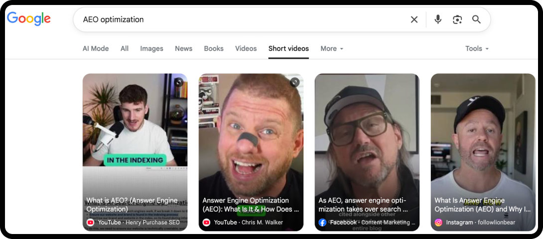 Screenshot of Google SERP with social search results for "AEO optimization".