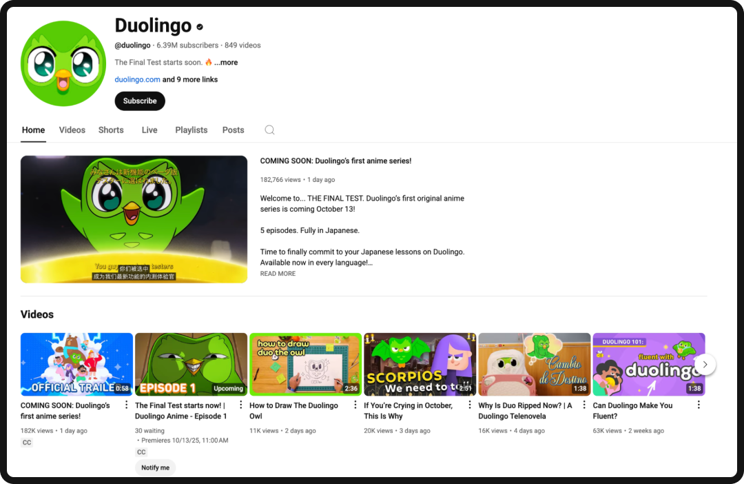 Duolingo's YouTube channel, an example of a successful YouTube brand.