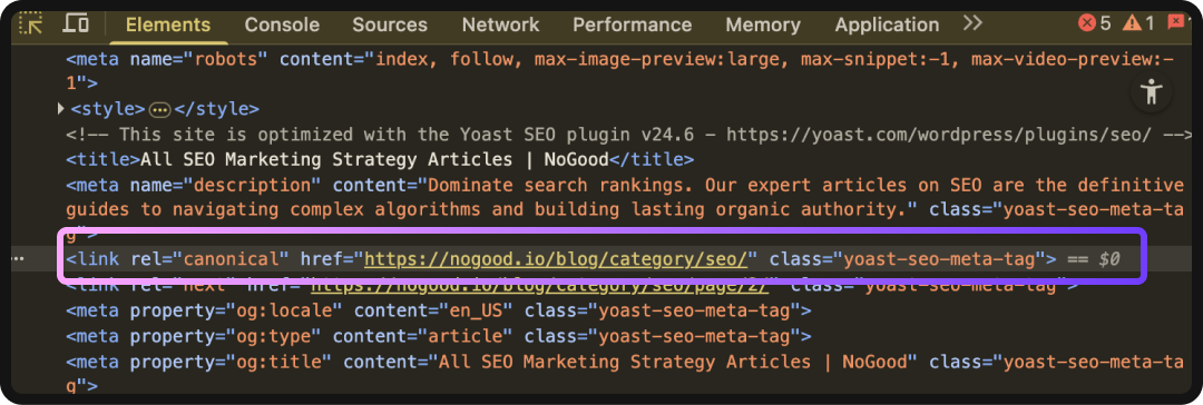 Example of canonical tags on a webpage, resolving faceted navigation SEO issues.
