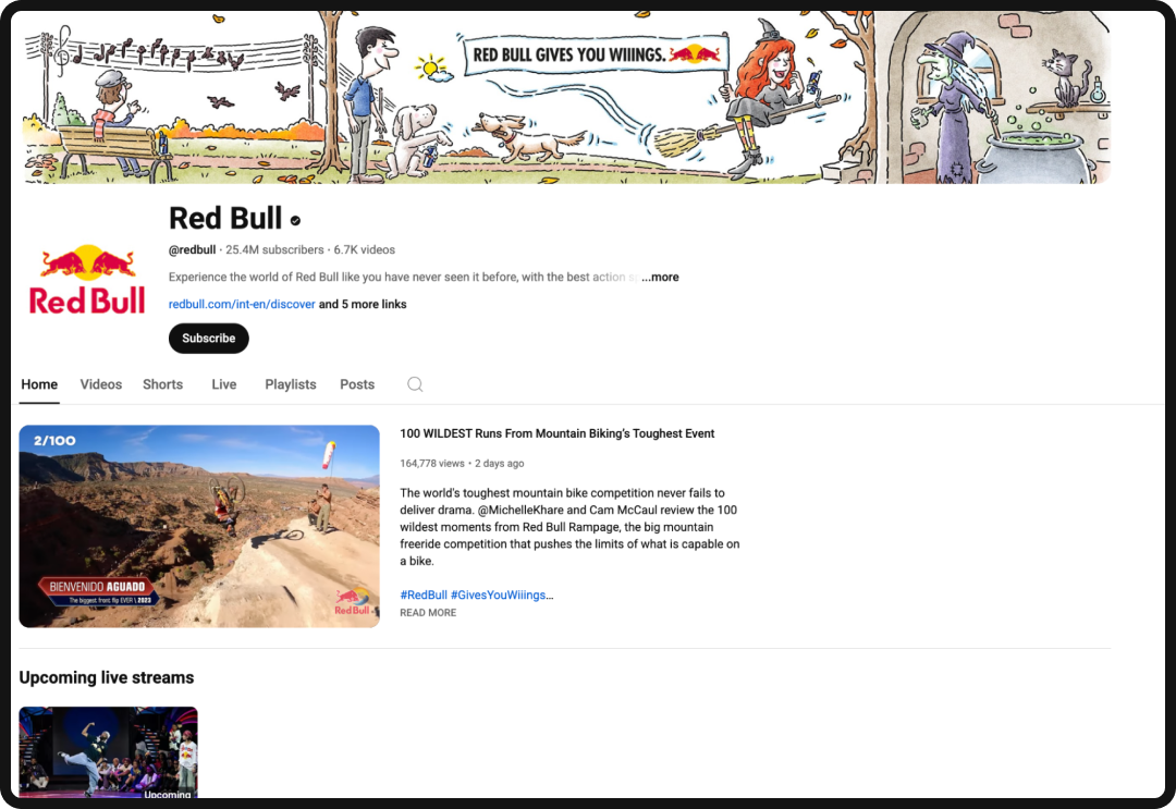 Red Bull's YouTube channel, an example of a successful YouTube brand.