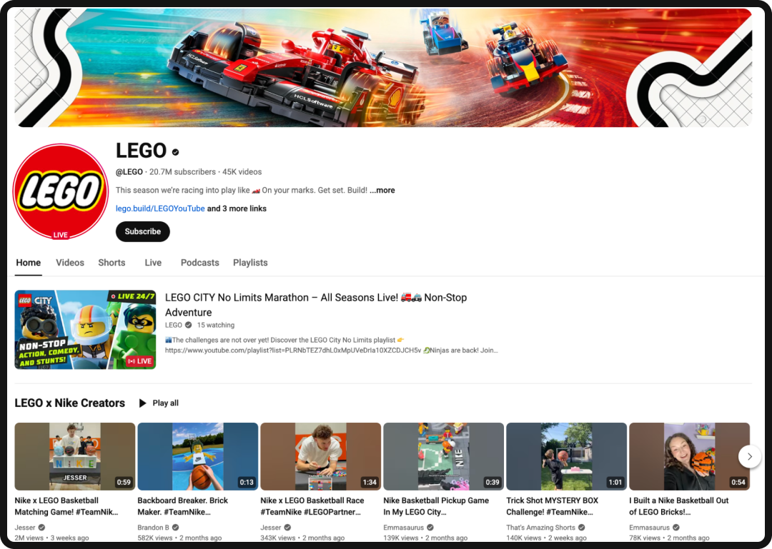 LEGO's YouTube channel, an example of a successful YouTube brand.