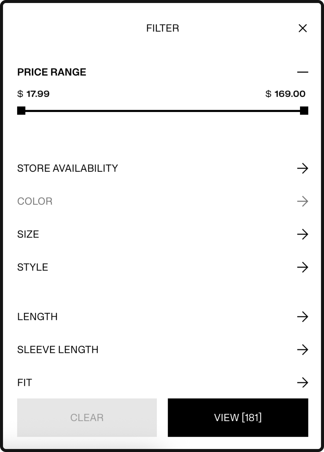 Faceted navigation on a clothing eCommerce website.