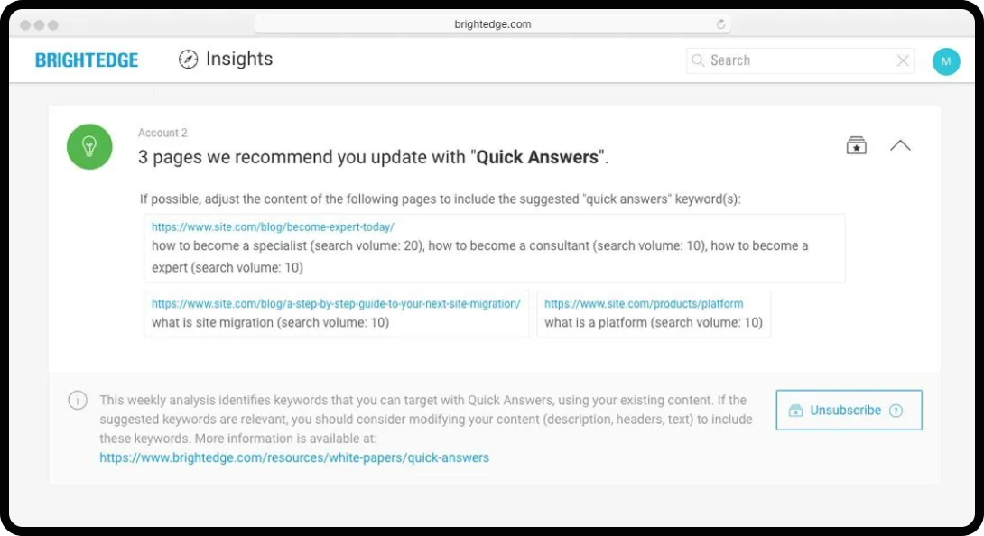 Screenshot of the BrightEdge dashboard, an AEO and GEO tool.