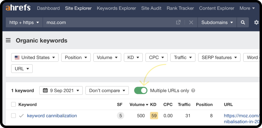 Example of how Ahrefs alerts of keyword cannibalization.