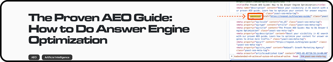 Example of a canonical tag on a content page.