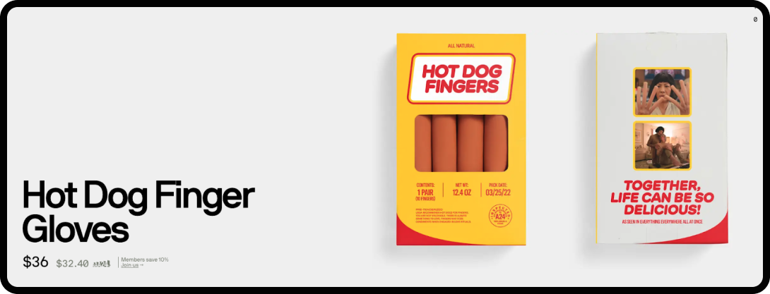 A24 hotdog finger gloves as promo for Everything Everywhere All at Once.