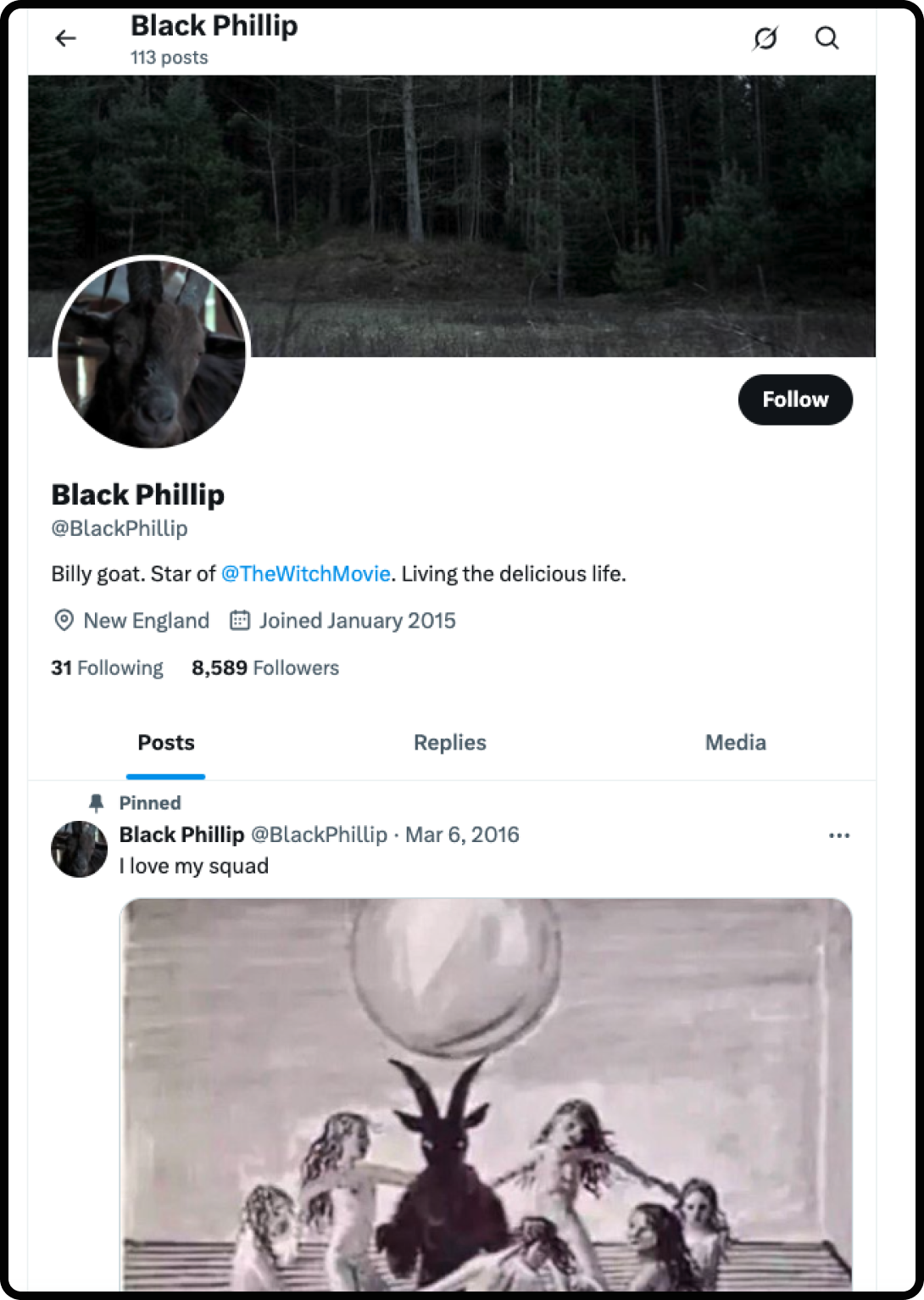 Twitter (X) account for Black Phillip, goat from The Witch movie.