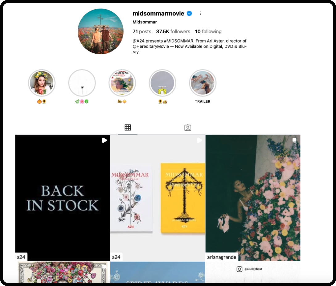 Midsommar's Instagram account with promotional content.