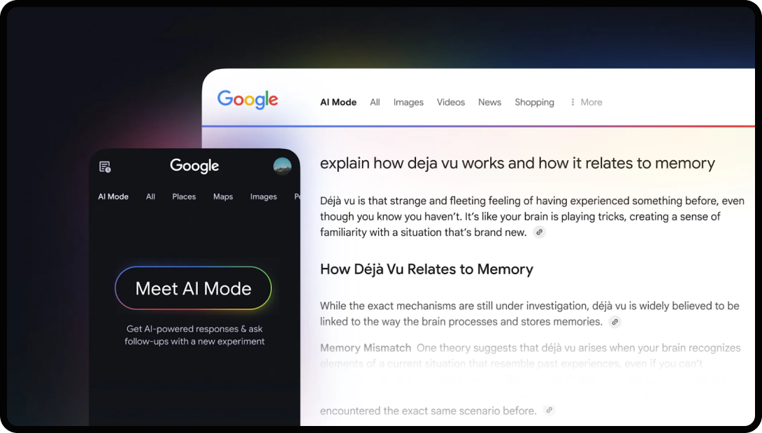 Google's announcement of AI mode, an AI search tool integrated directly into Google.