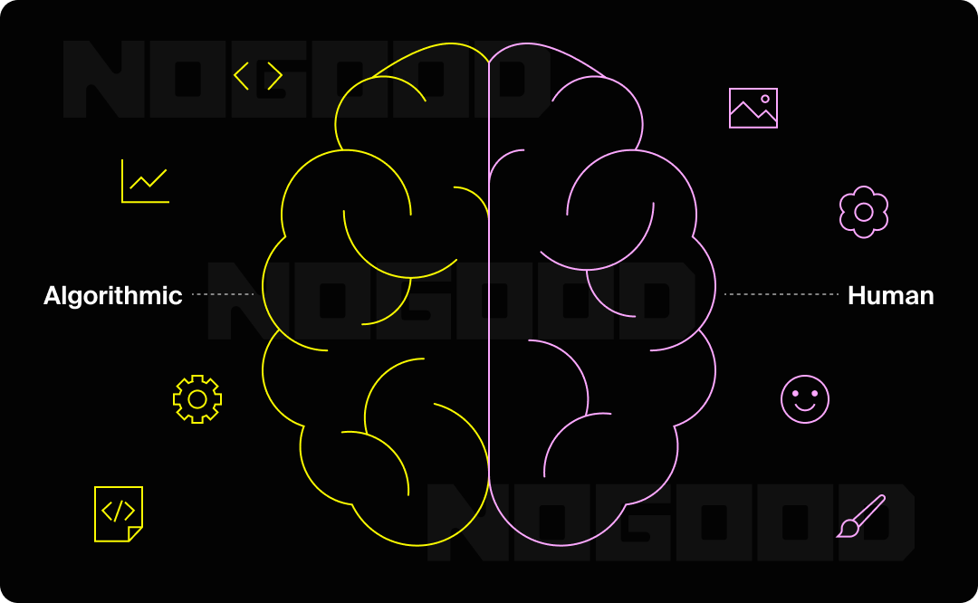 Graphic of a brain split into analytical and human sides.