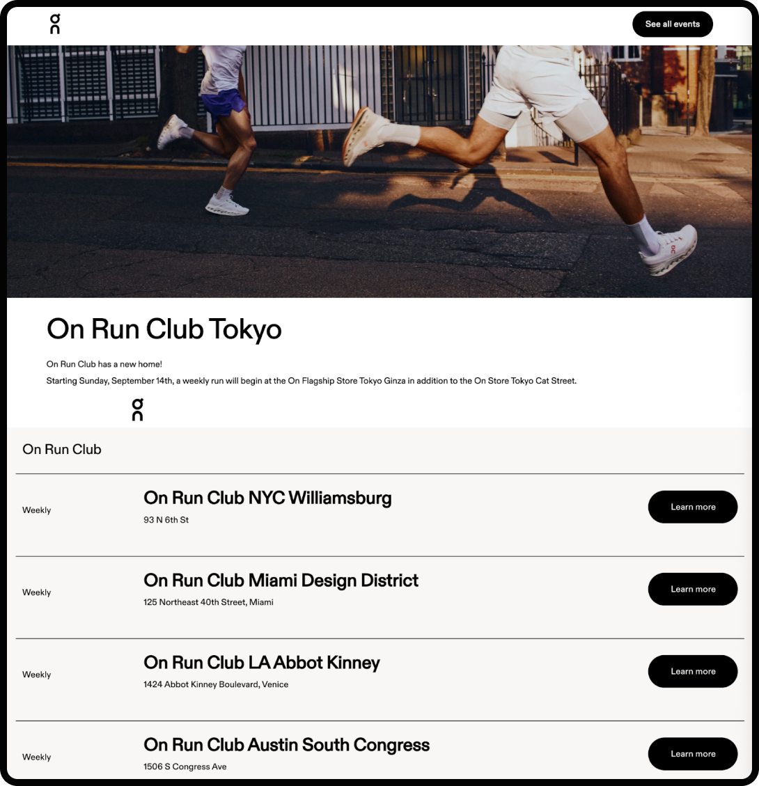 Sign-up page for On run club Tokyo.