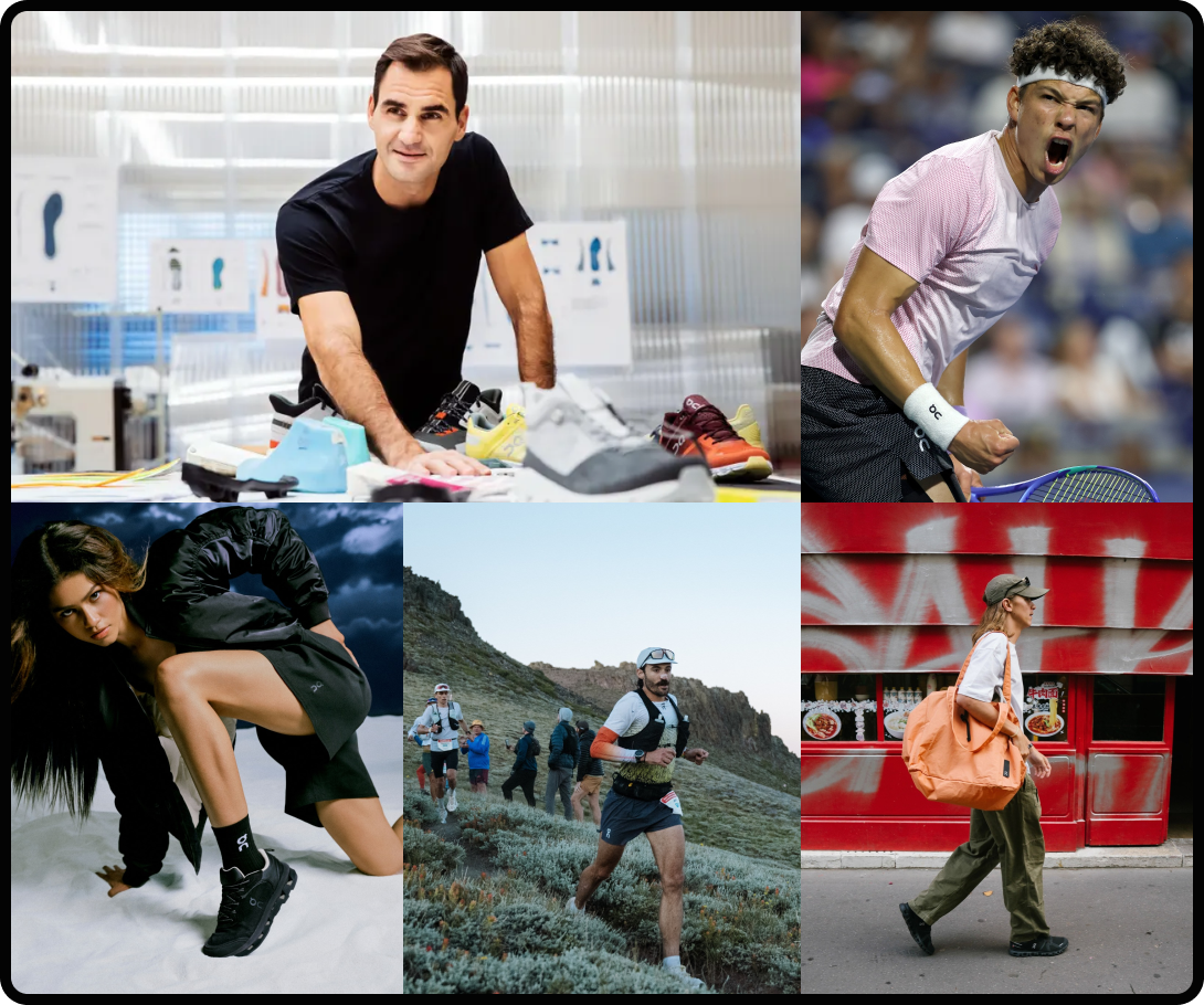 Collage of On's marketing materials featuring their shoes.