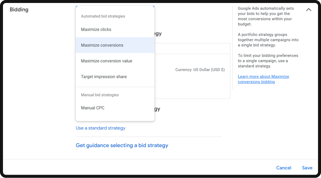 Screenshot showing how to select a bidding strategy in the Google Ads Manager.
