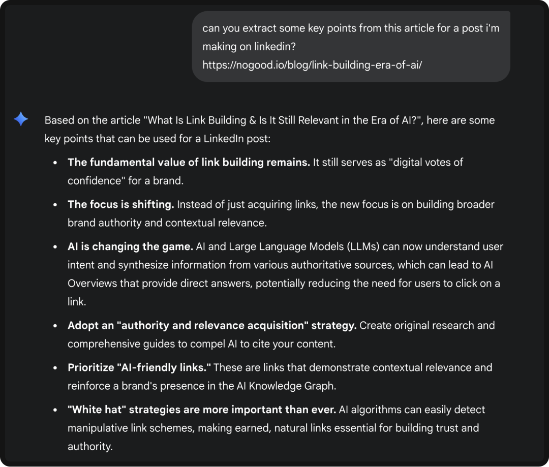 Example of how to ask AI to pull key insights from an article to repurpose content.