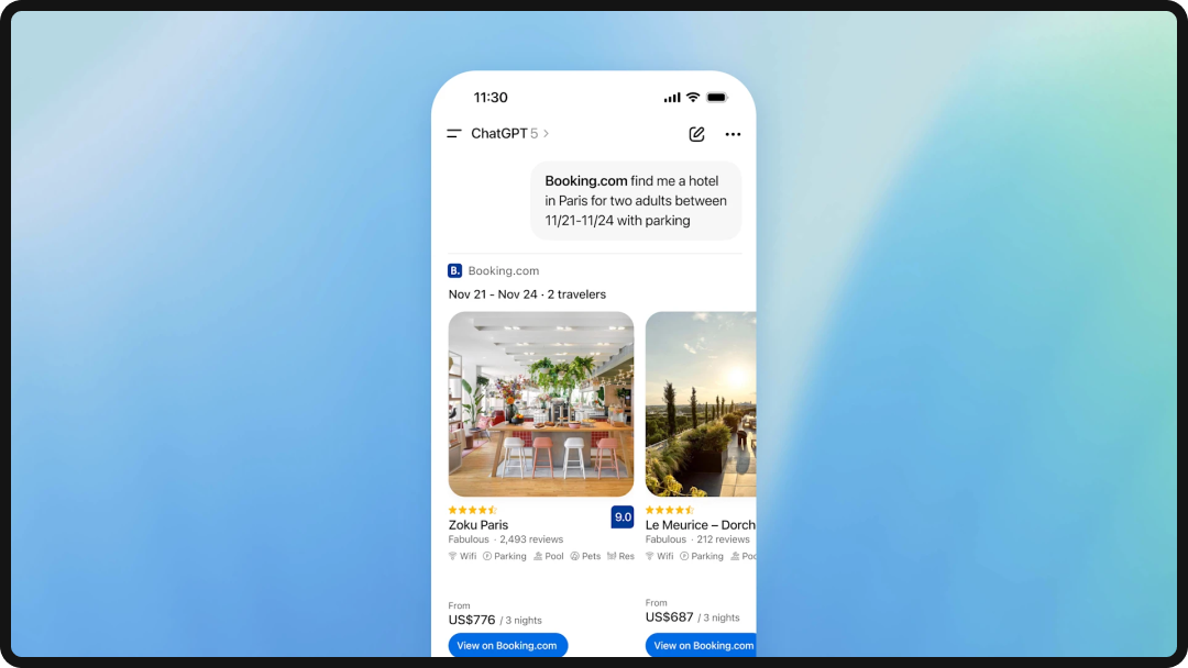 Example of using Booking.com directly in the ChatGPT interface.