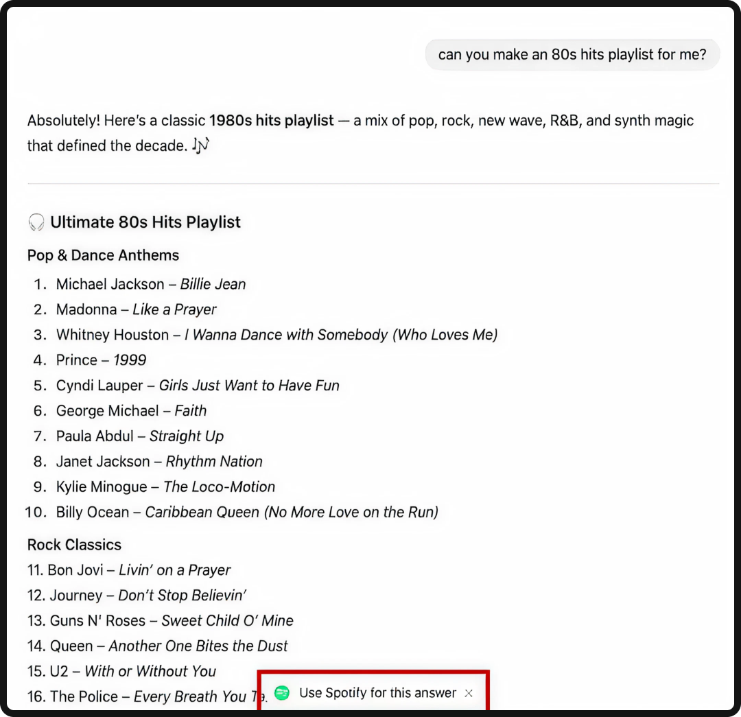 Example of ChatGPT pulling in Spotify directly into the chat window.