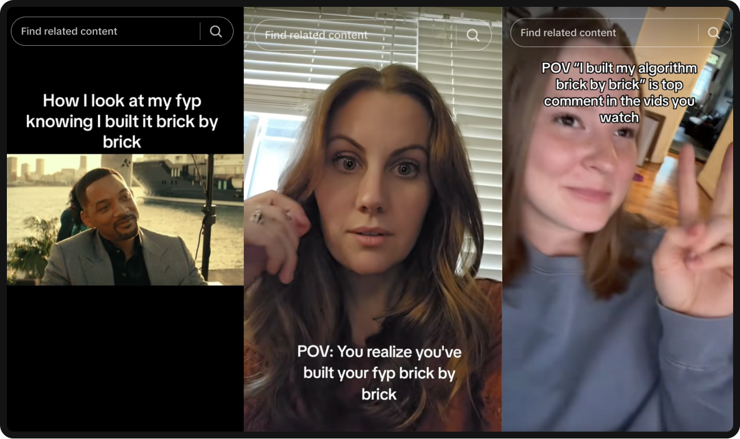 Collage of three TikTok users saying they "built their FYP brick by brick".
