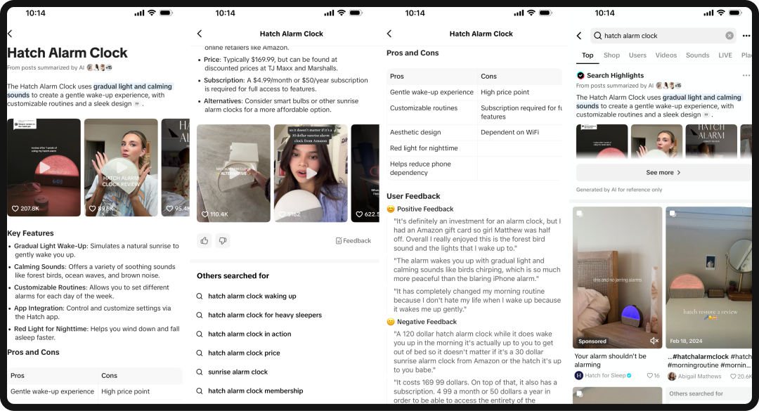 Collage of social summaries for products.