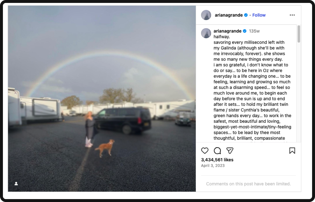 Ariana Grande's Instagram post about Wicked, part of their marketing strategy.