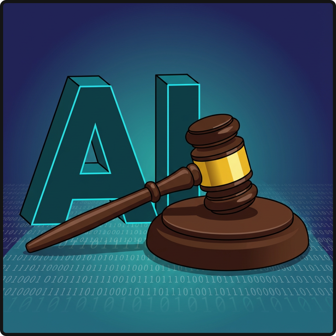 A gavel in the foreground and the word "AI" in the background.
