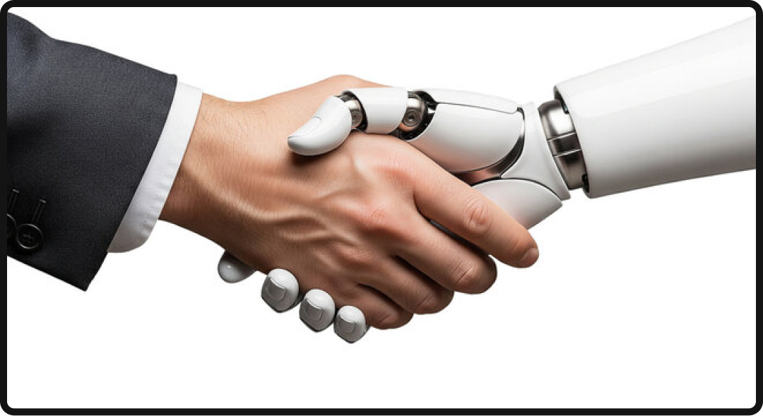 Handshake between a human and a robot, showing the relationship between humans and AI.