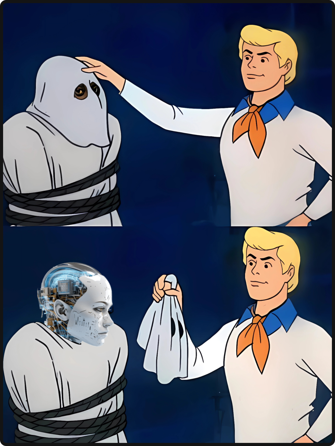 Fred from Scooby Doo taking the mask off of a criminal and it's a robot (AI).