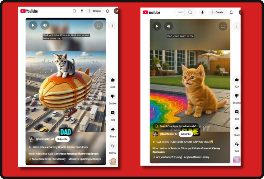 Two examples of AI-generated YouTube shorts featuring cats.