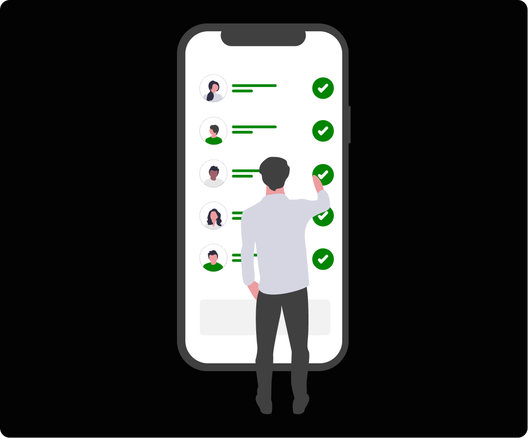 Graphic of a person standing in front of a very large phone.
