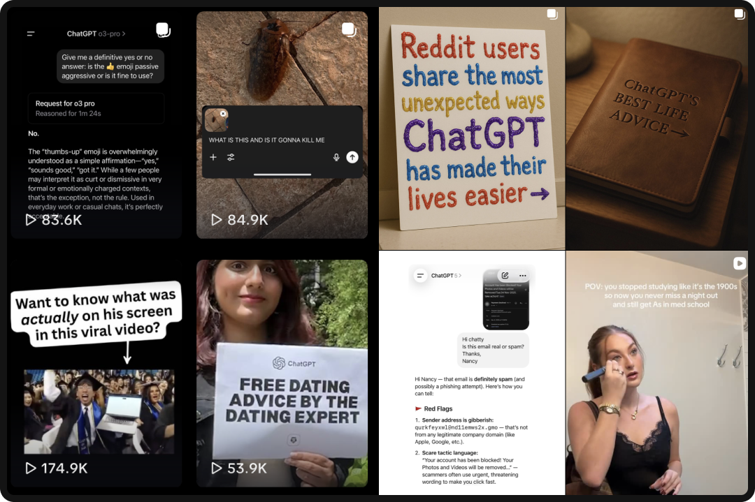 Collage showing eight posts on social media by ChatGPT, an example of AI branding.