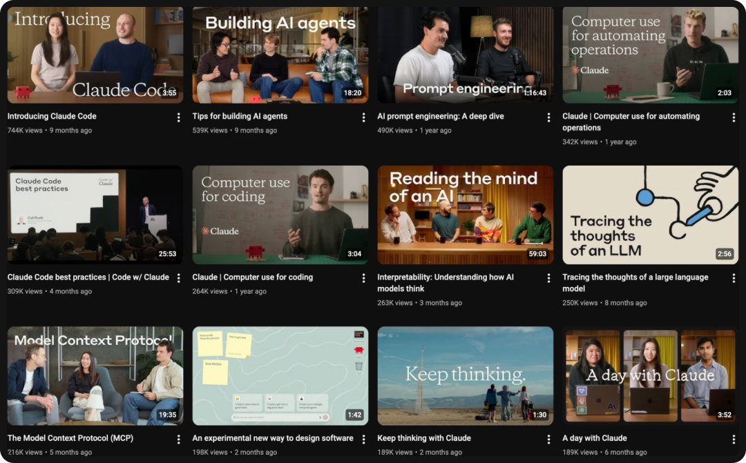 Collection of YouTube videos posted by Claude, an example of AI branding.