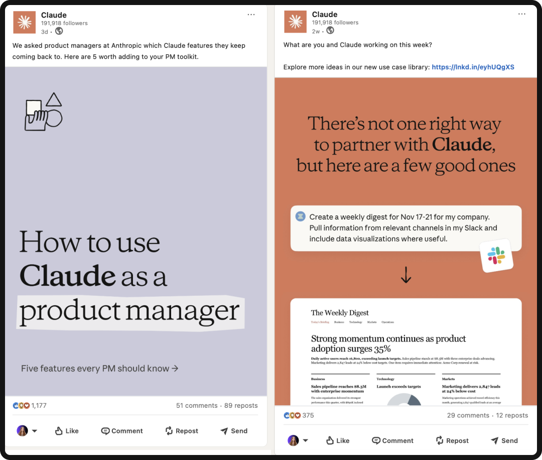 Examples of two LinkedIn posts by Claude, an example of AI branding.