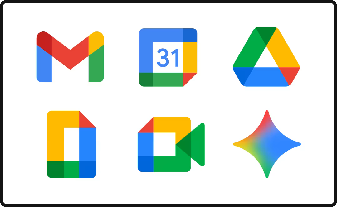 Logos of Google's ecosystem including Gemini's new colors.