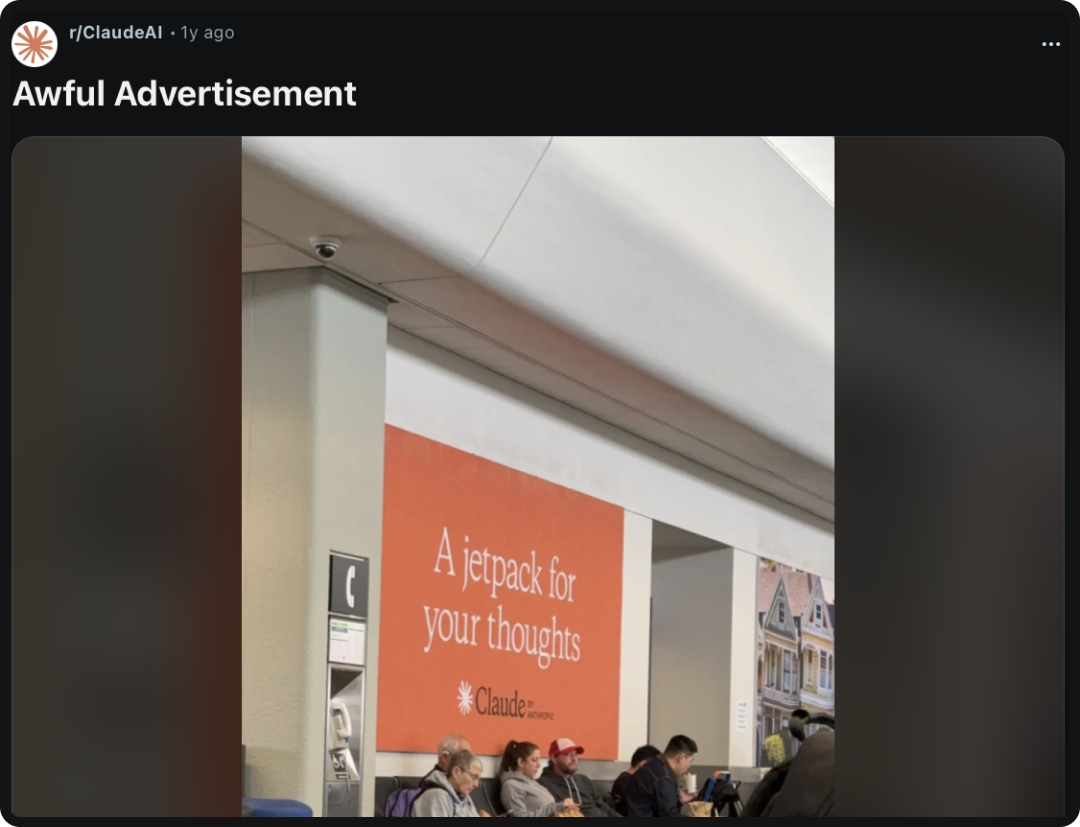 Reddit post calling out a "bad" advertisement for Claude.