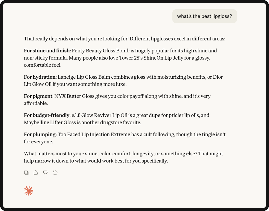 Conversation with Claude where a user is asking for the best lip gloss.