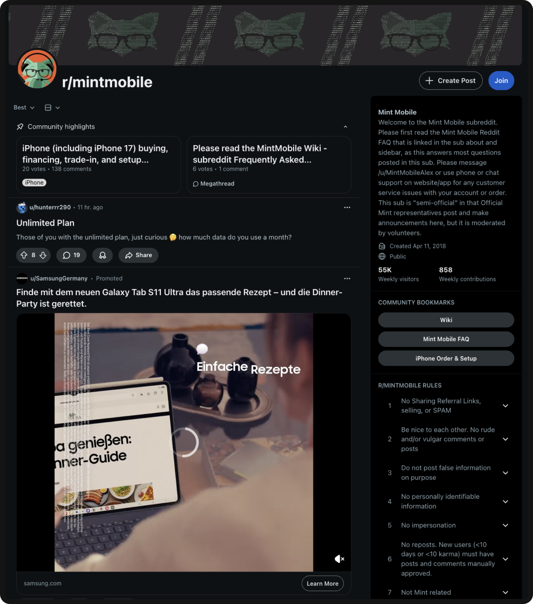 Example of a branded subreddit for Mint Mobile.