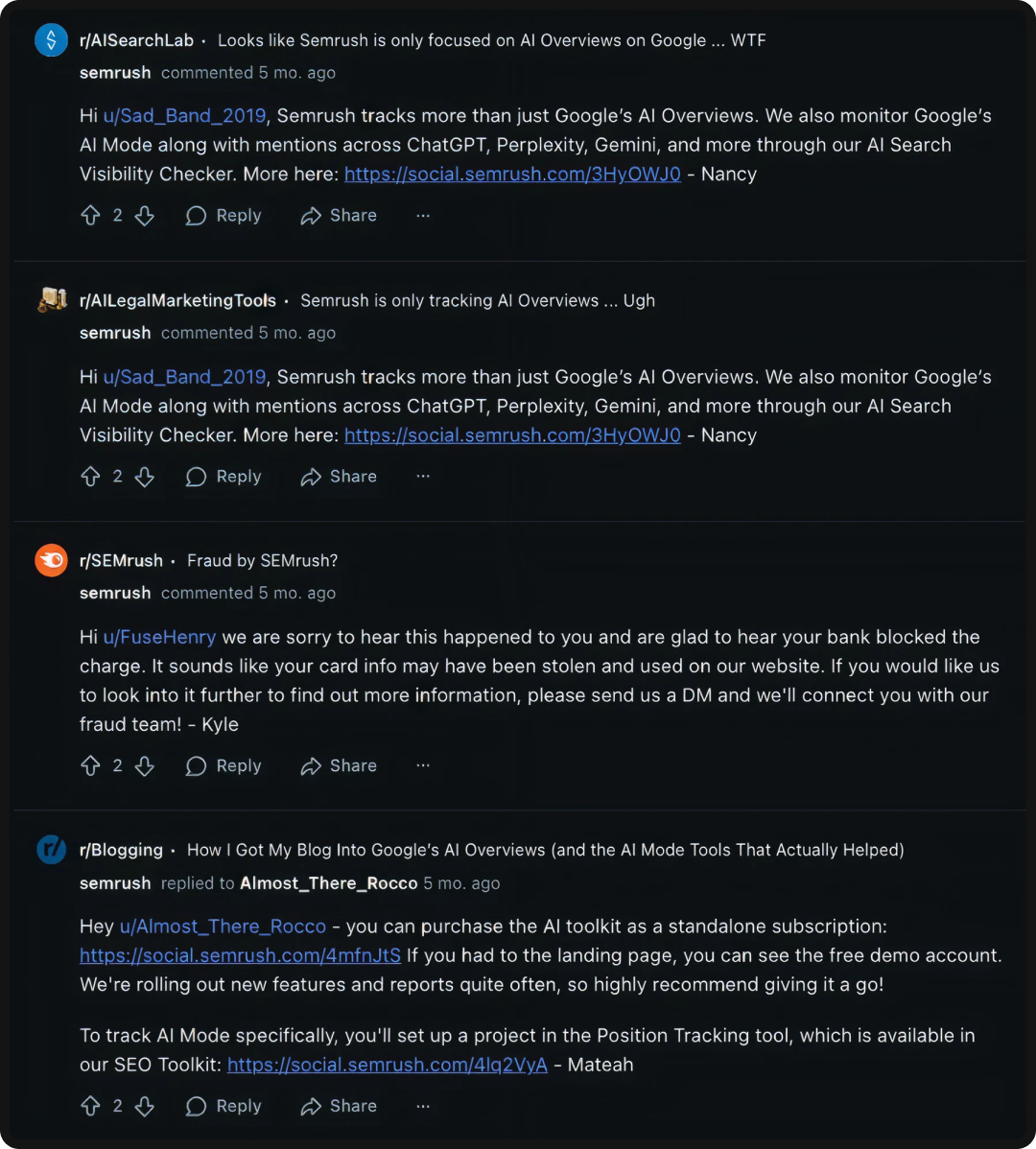 Example of a branded conversation and feedback session from Semrush and Reddit users.