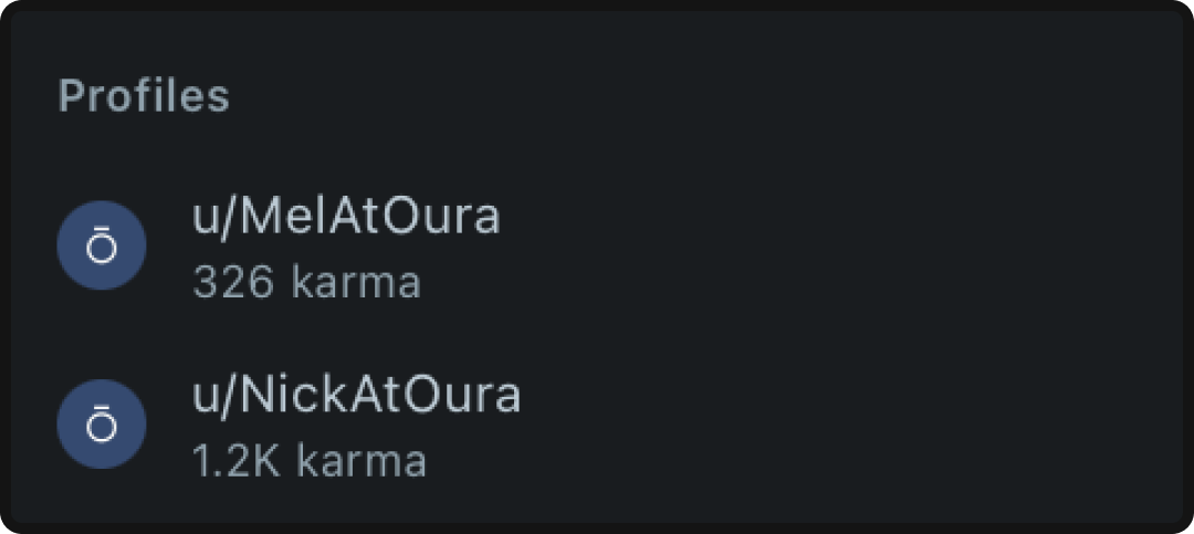 Examples of Oura employees having branded accounts when using Reddit for marketing.