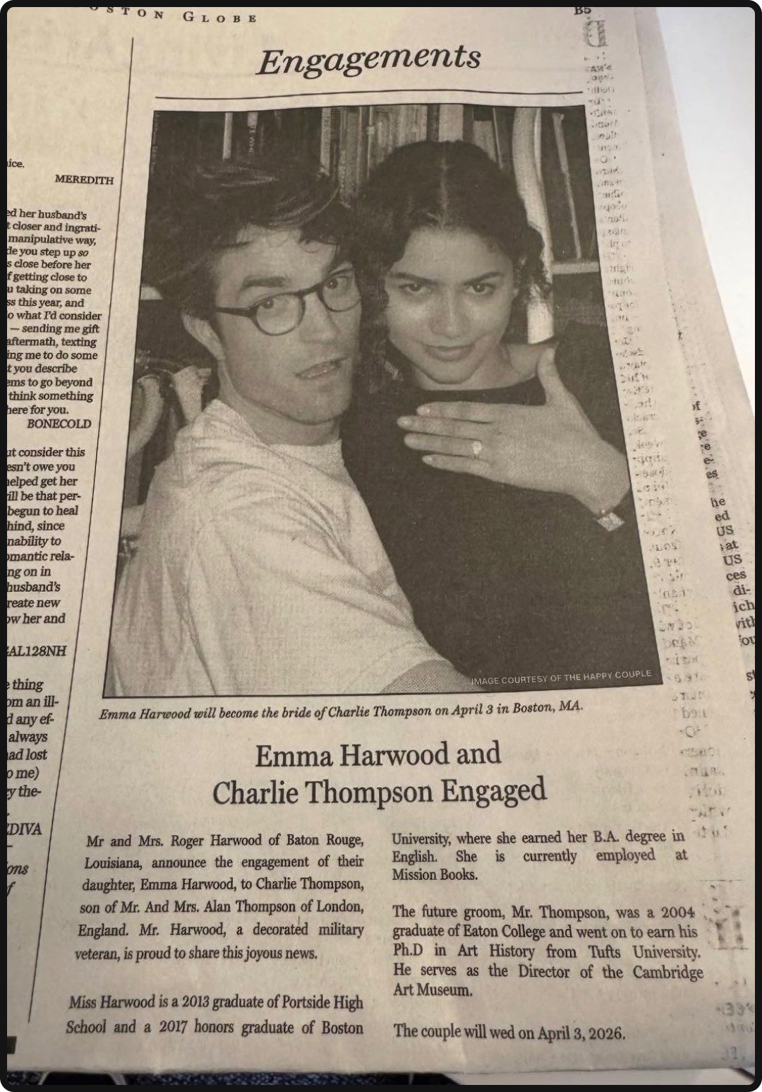 Analog marketing for A24 film The Drama; wedding announcement in a newspaper.