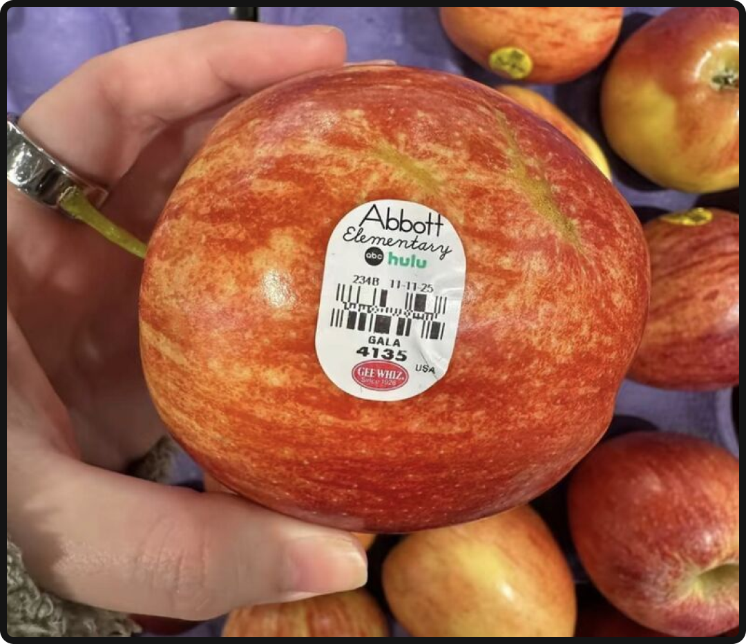 Analog marketing for Abbott Elementary on an apple sticker.